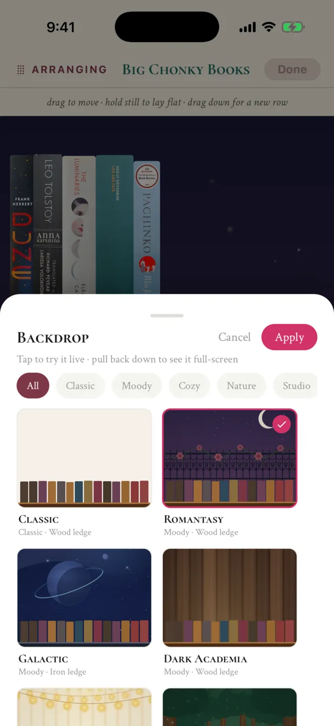 ShelfLife backdrop picker with filters for Classic, Moody, Cozy, Nature, and Studio, showing Classic, Romantasy, Galactic, and Dark Academia backdrops
