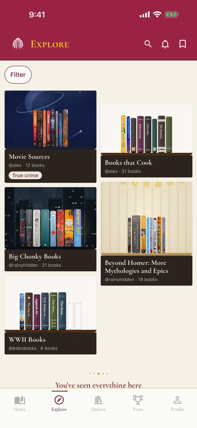 ShelfLife Explore tab showing a grid of other readers' public bookshelves with space, city, and curtain backdrops