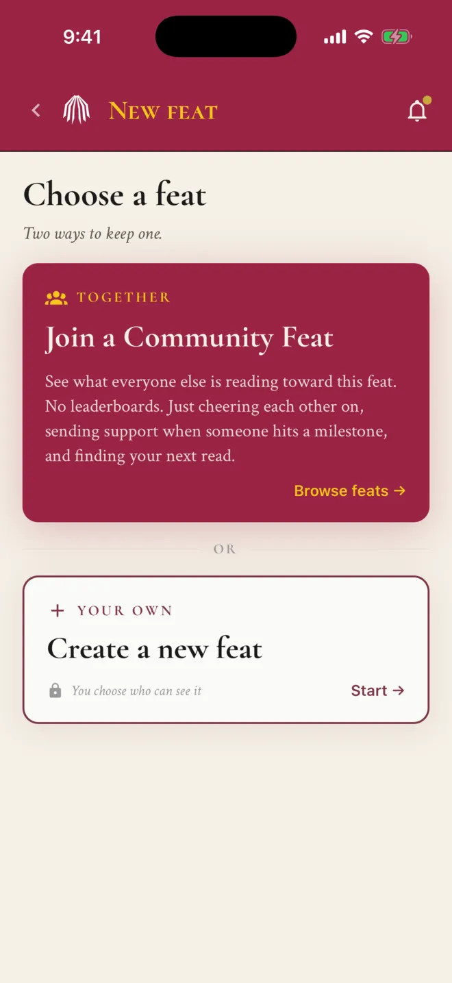 ShelfLife screen offering to join a community Feat, described as no leaderboards, just cheering each other on, or create a new Feat