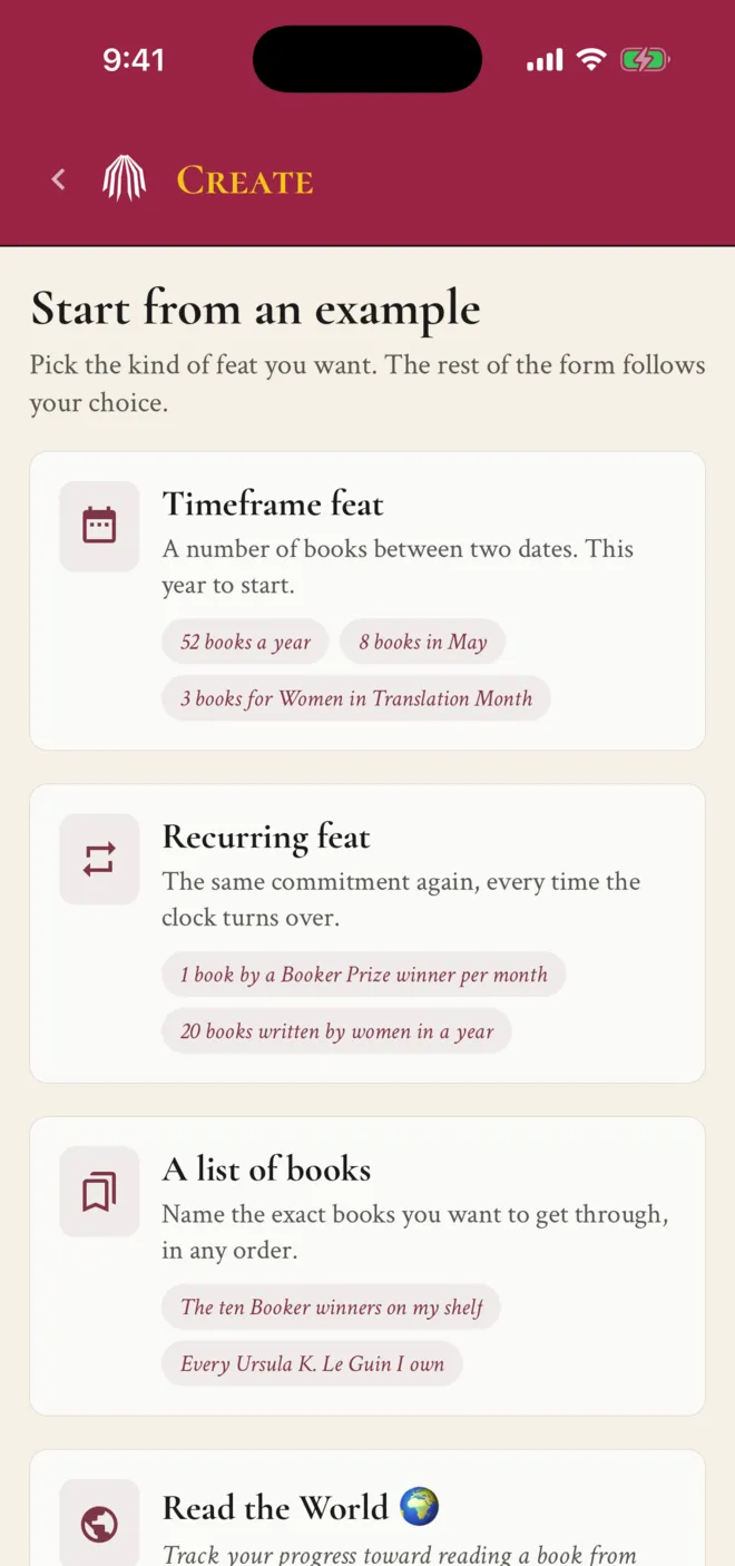 ShelfLife create screen with example reading challenges: 52 books a year, 1 book by a Booker Prize winner per month, and every Ursula K. Le Guin I own