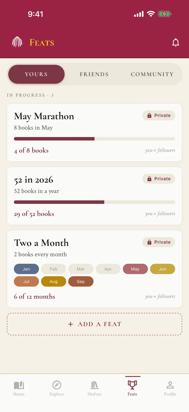 ShelfLife Feats tab listing reading challenges in progress: May Marathon at 4 of 8 books, 52 in 2026 at 29 of 52 books, and Two a Month with monthly progress