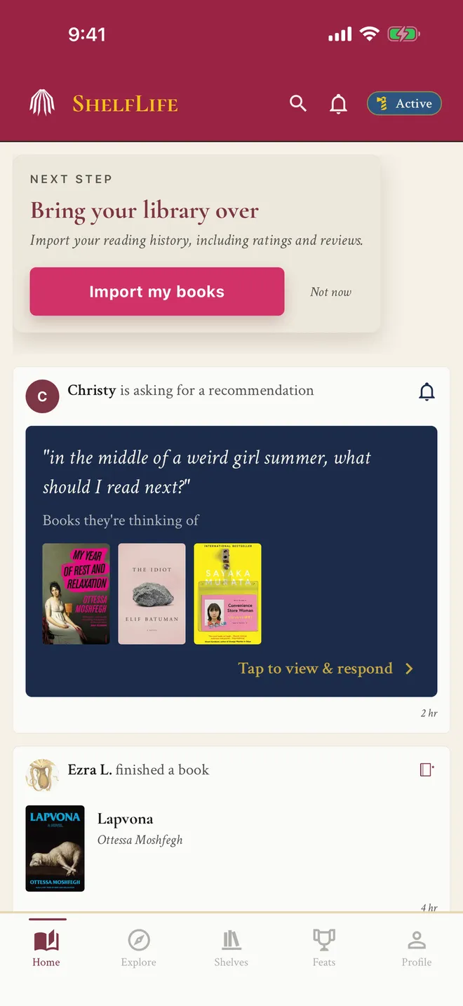 ShelfLife home feed with a card showing a reader asking for a recommendation and a Tap to view and respond link