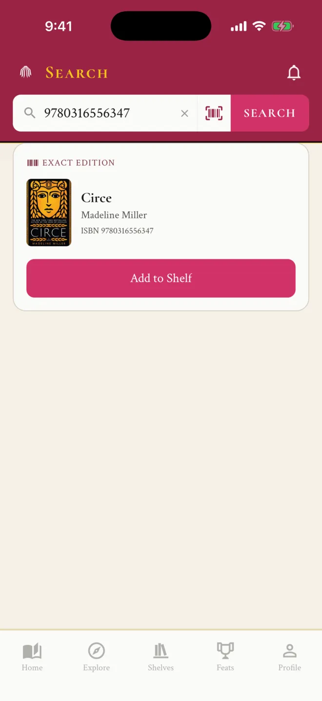 ShelfLife search showing an exact edition result for ISBN 9780316556347, Circe by Madeline Miller, with an Add to Shelf button and a barcode scan button in the search bar