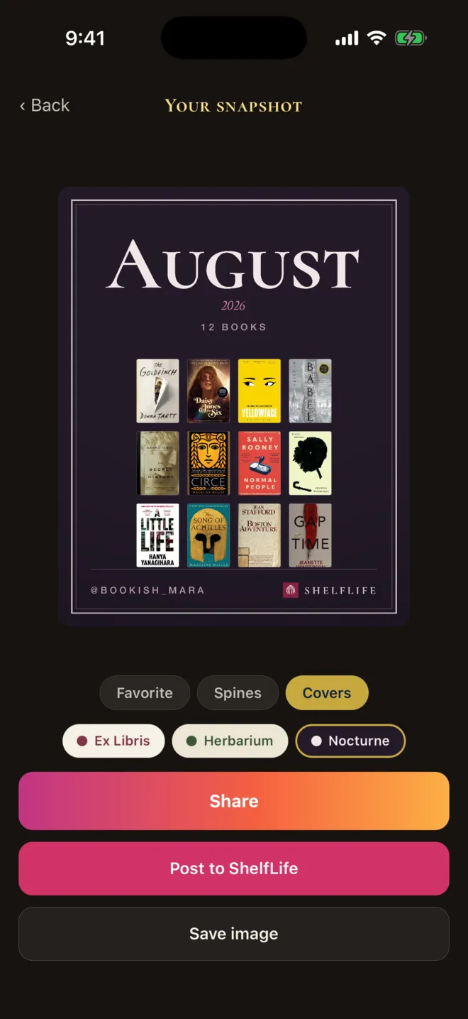 Month in Books card in the Covers layout and dark Nocturne palette showing twelve book covers for August 2026