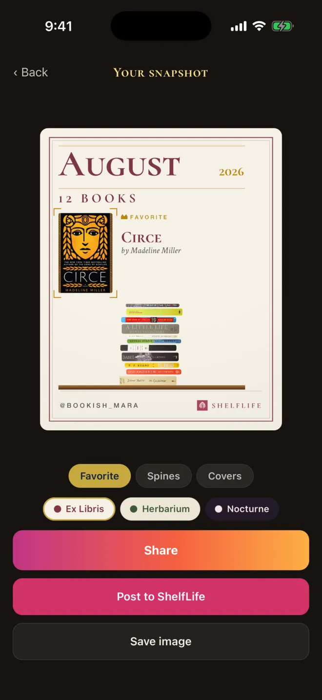 ShelfLife Month in Books card for August 2026 with 12 books, Circe by Madeline Miller crowned as favorite, and Favorite, Spines, and Covers layout buttons