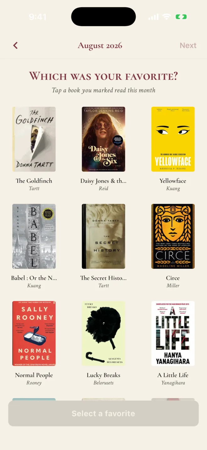 ShelfLife Month in Books screen asking which book was your favorite, with a grid of covers finished in August 2026