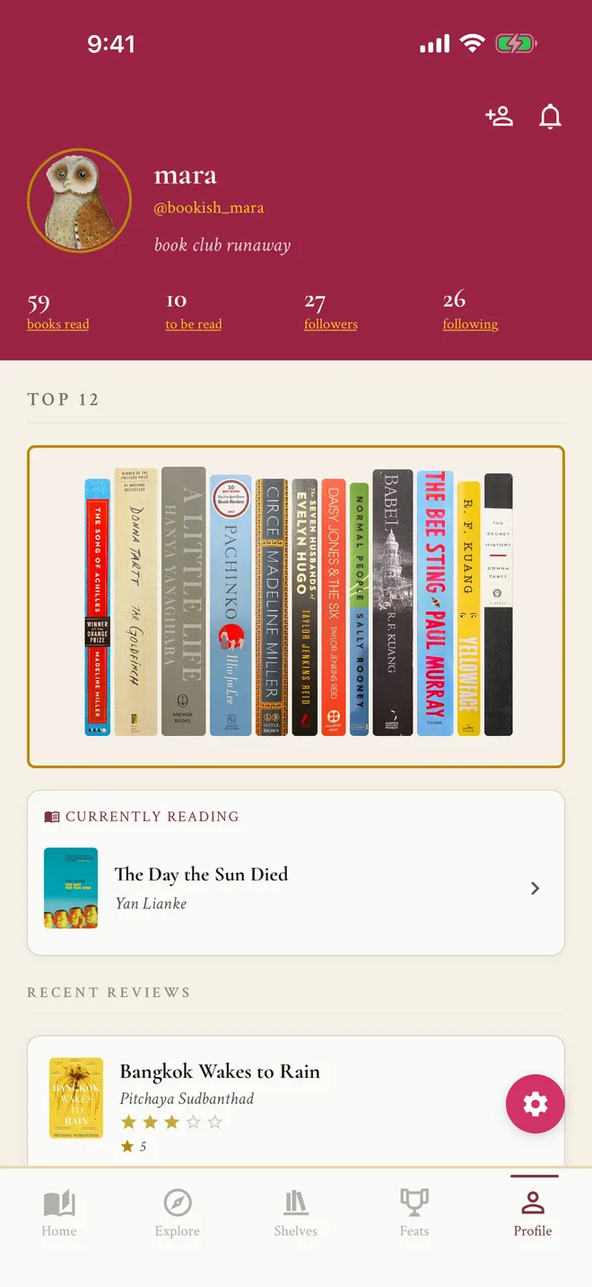 A ShelfLife reader profile with a Top 12 shelf of twelve book spines under the reader's name and stats