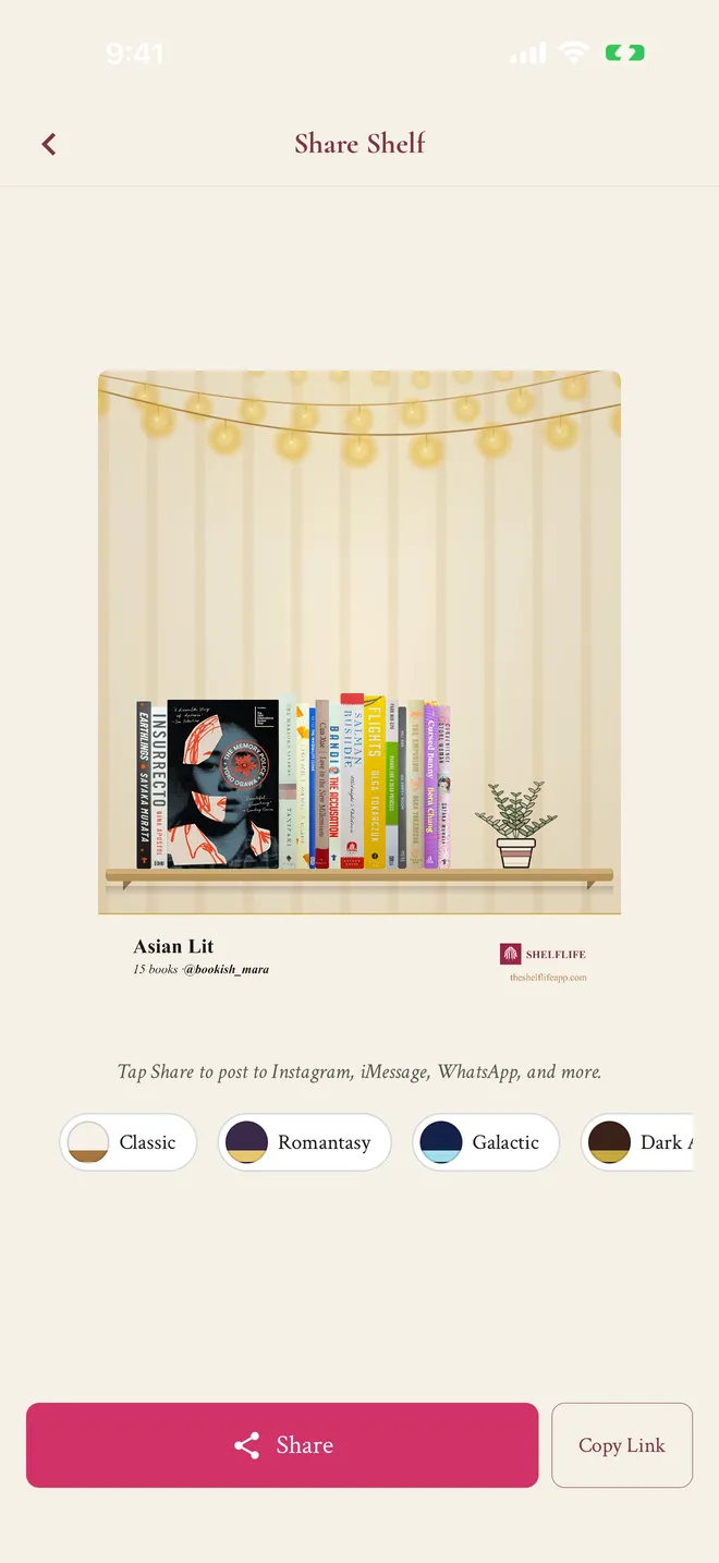 The ShelfLife share screen previewing a shelf image with string lights, with backdrop choices Classic, Romantasy, and Galactic below