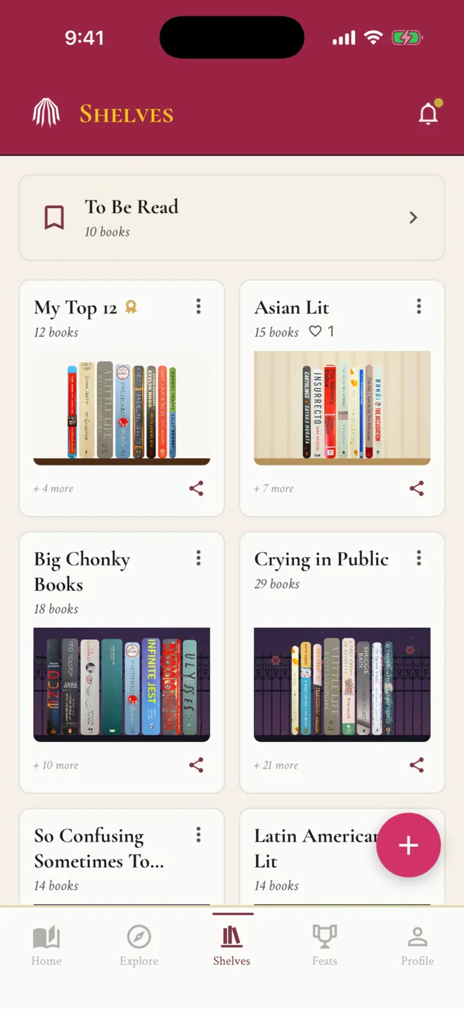 ShelfLife shelves list with To Be Read, My Top 12, Asian Lit, Big Chonky Books, and Crying in Public shelves, each with its own backdrop