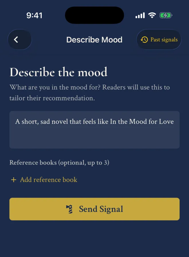 ShelfLife Book Signal screen titled Describe the mood, with the request: a short, sad novel that feels like In the Mood for Love