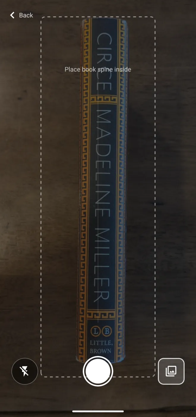 ShelfLife camera screen framing the spine of Circe by Madeline Miller inside a dashed outline