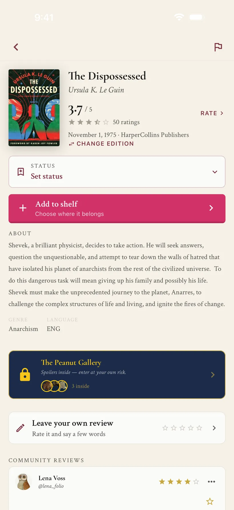 A ShelfLife book page for The Dispossessed, with its rating, reading status, add to shelf, and community reviews