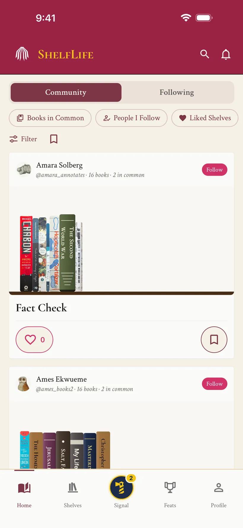 ShelfLife's Community tab: other readers' public shelves to browse, like, and save