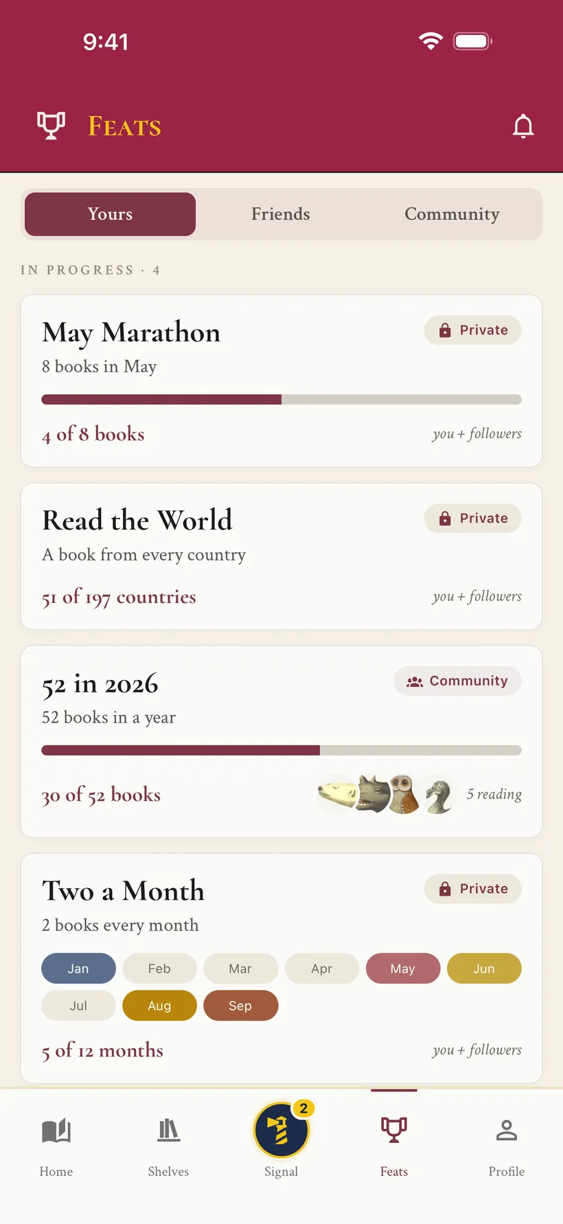 ShelfLife Feats: reading goals in progress, including a book from every country and 52 books in a year