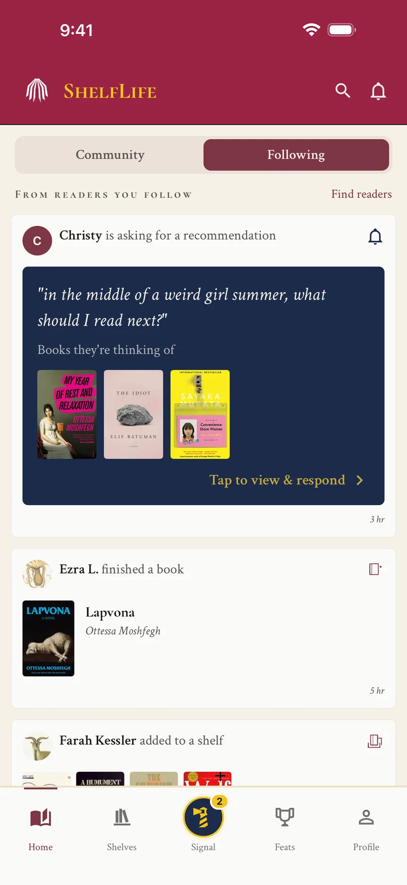 ShelfLife home feed showing a Book Signal request and what readers you follow finished and shelved