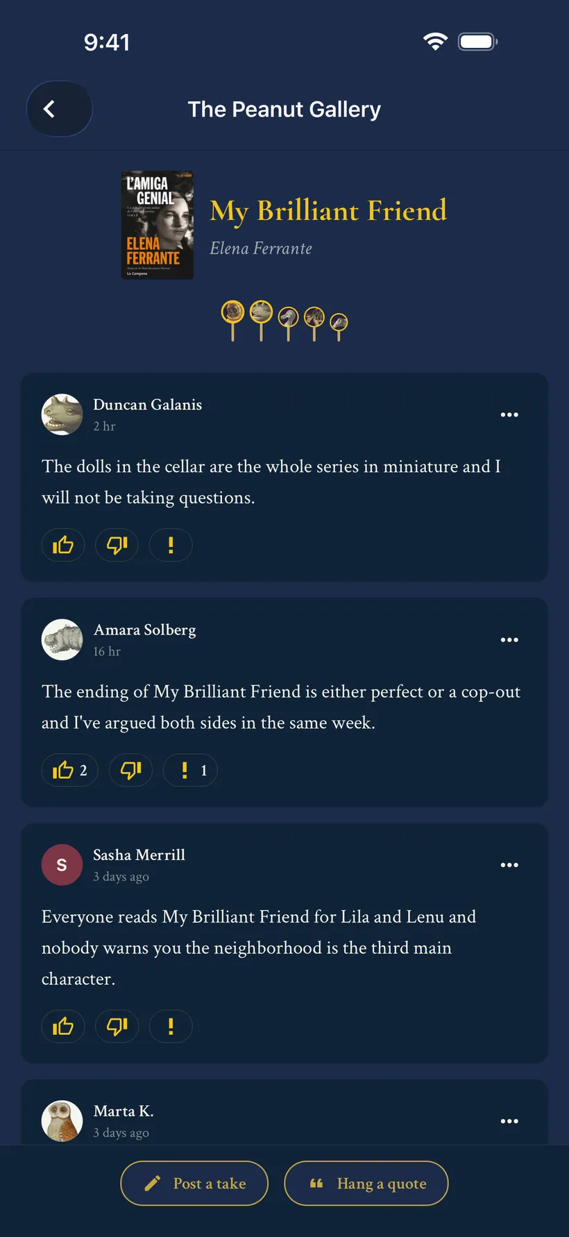 The Peanut Gallery for My Brilliant Friend: readers' short takes on the book