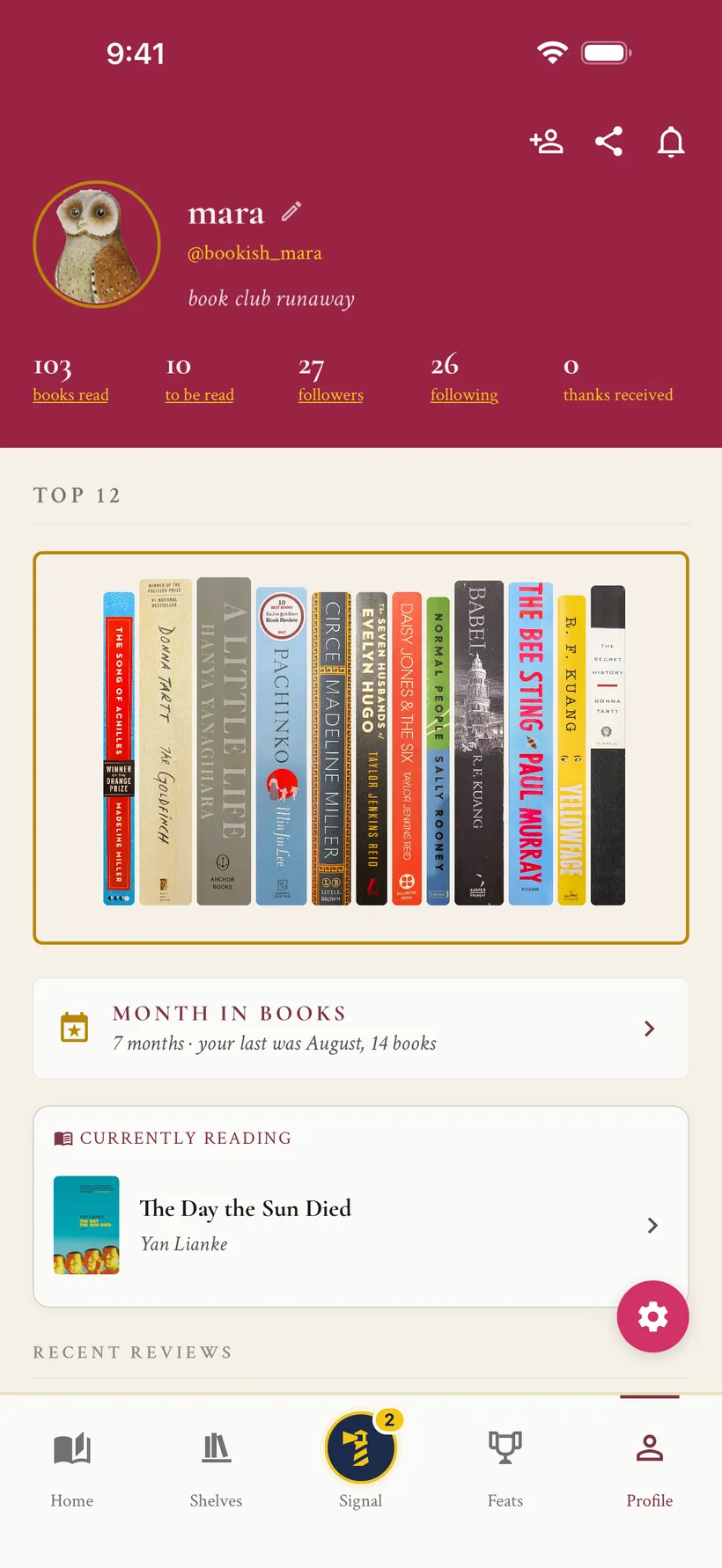 A ShelfLife profile with the reader's Top 12 shelf, their Month in Books, and what they are reading now