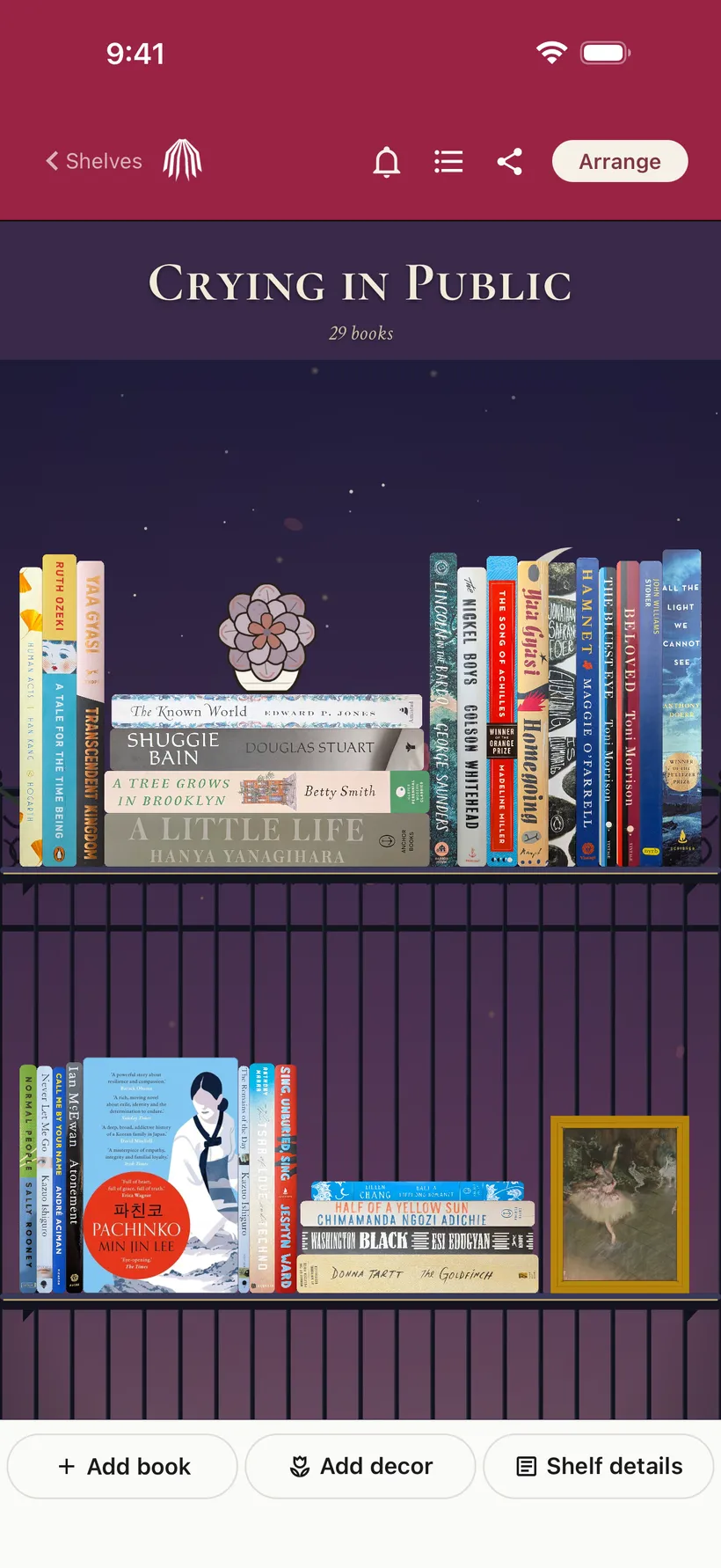 A reader's shelf in ShelfLife, titled Crying in Public: two rows of book spines, stacks, and decor against a night-sky backdrop
