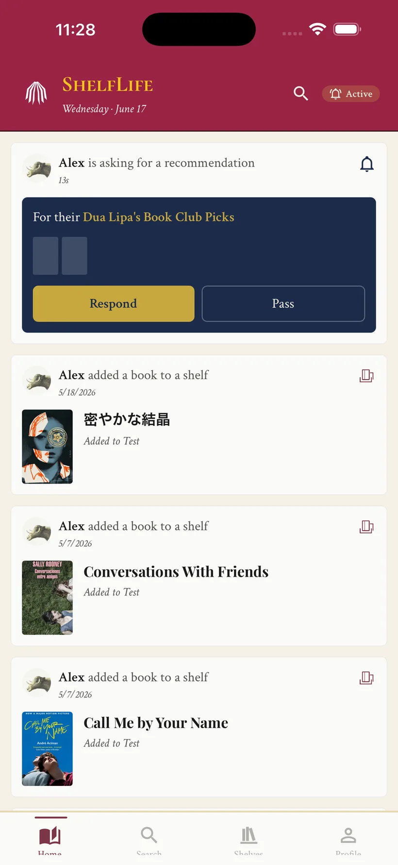 ShelfLife home feed showing friends' recent shelf activity and a Book Signal request asking for a recommendation