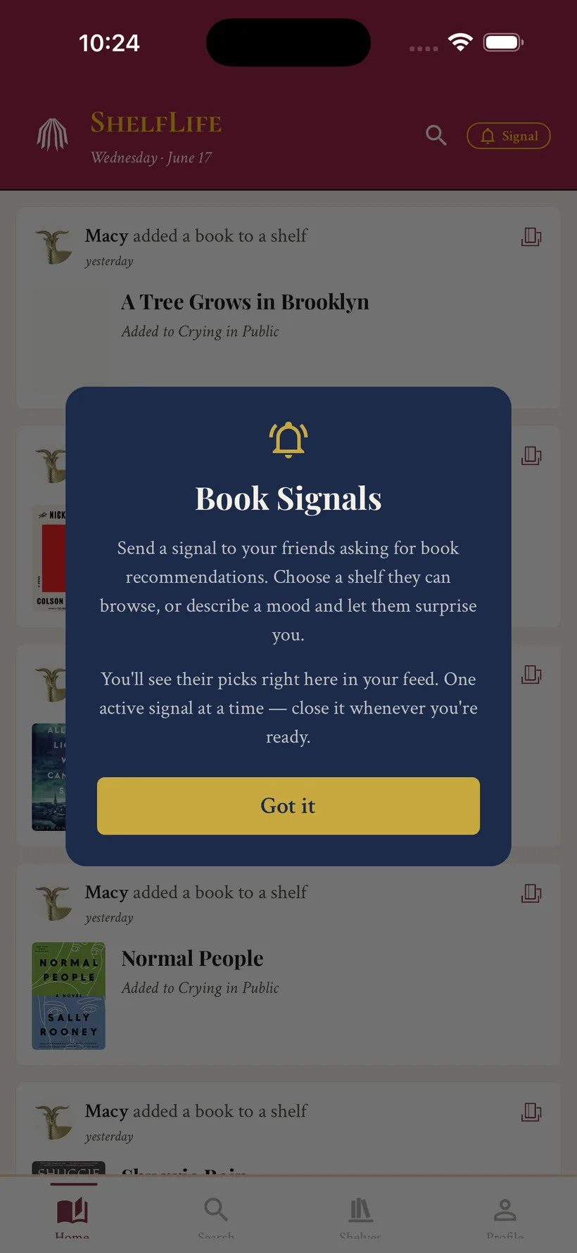 ShelfLife Book Signals explainer — ask friends for recommendations by picking a shelf or describing a mood